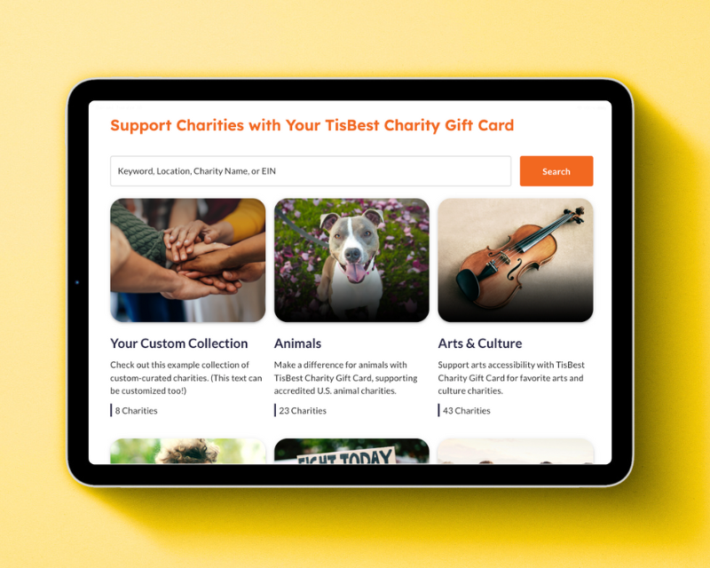 Tablet view of curated charity collections screen.