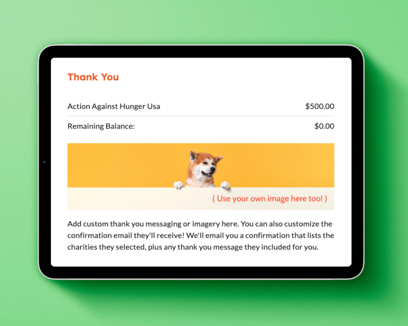 Tablet view of thank you screen.